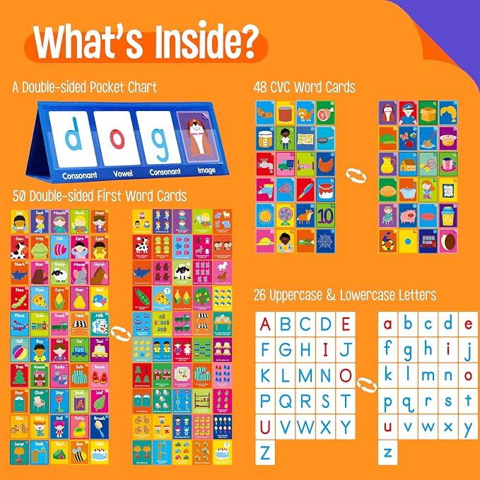 Word Building Desktop Pocket Chart, 48 CVC Words & 50 First Words, Double-Sided Tent Word Builder, Vocabulary Learning Flashcards Set for Kindergarten Reading and Spelling - Image 2