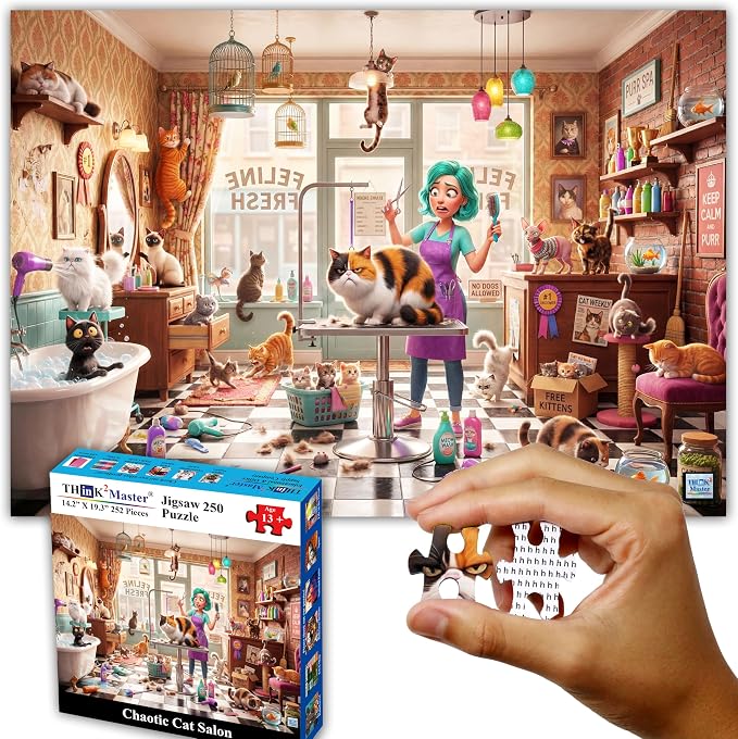 Think2Master Chaotic Cat Salon 250 pieces Large Format Jigsaw Puzzle: 13+, teens, adults & families. illustration of kitten frenzy at whimsical feline pet grooming shop. Great gift. Size 19.3” X 14.2” - Image 7