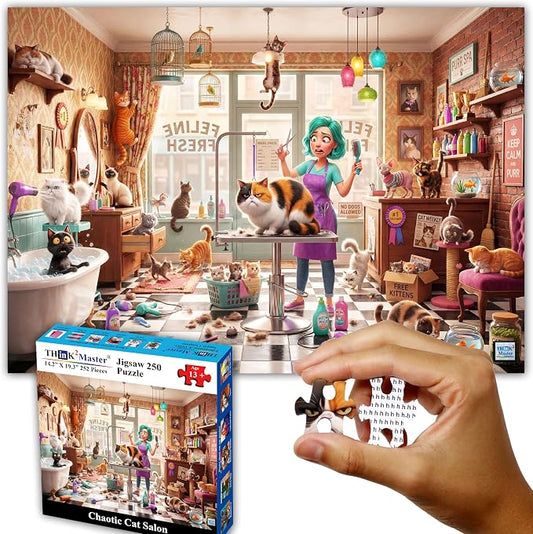 Think2Master Chaotic Cat Salon 250 pieces Large Format Jigsaw Puzzle: 13+, teens, adults & families. illustration of kitten frenzy at whimsical feline pet grooming shop. Great gift. Size 19.3” X 14.2” by Think2Master