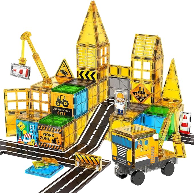 SKTMYY Magnetic Tiles for Kids, Construction Toys with Crane Road Truck by SKTMYY