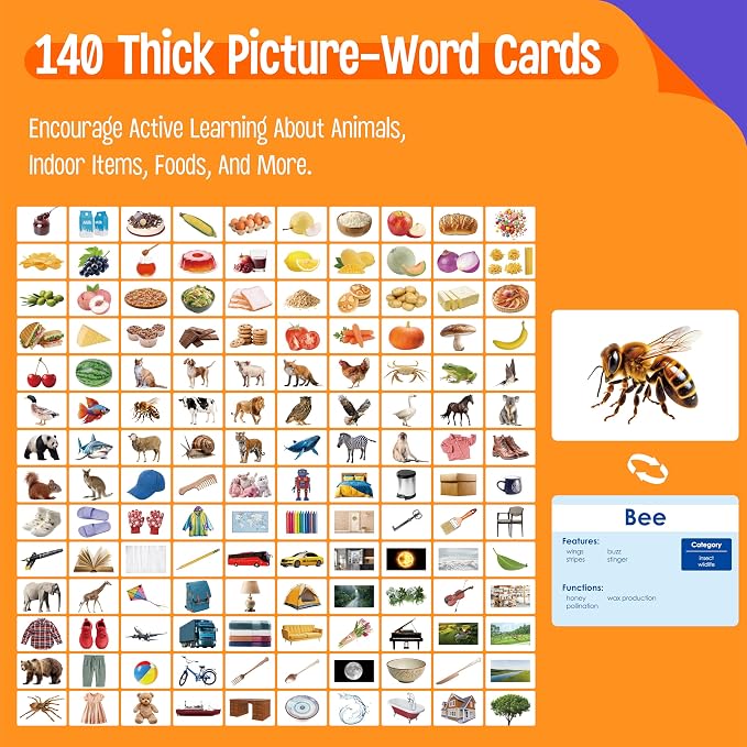 140 Noun Picture-Word Cards, Picture Flashcards Language Builder Visual Aid Speech Development Tool for Autism, ESL Teaching Materials for Adults, Non-Verbal Children Vocabulary Builder for Toddlers - Image 2