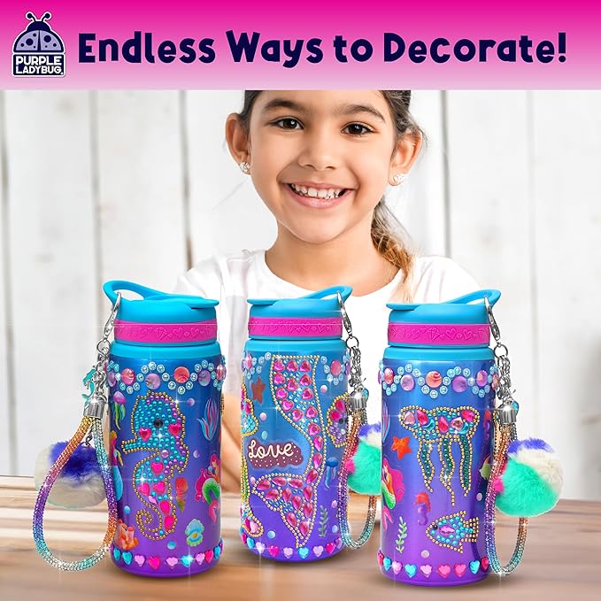 PURPLE LADYBUG Decorate Your Own Water Bottle for Girls - Mermaid Gifts for Girls Age 6-8, Gifts for 5 6 7 8 9 10 Year Old Girl Birthday, Valentines Gift, Crafts for Girl Ages 6-8