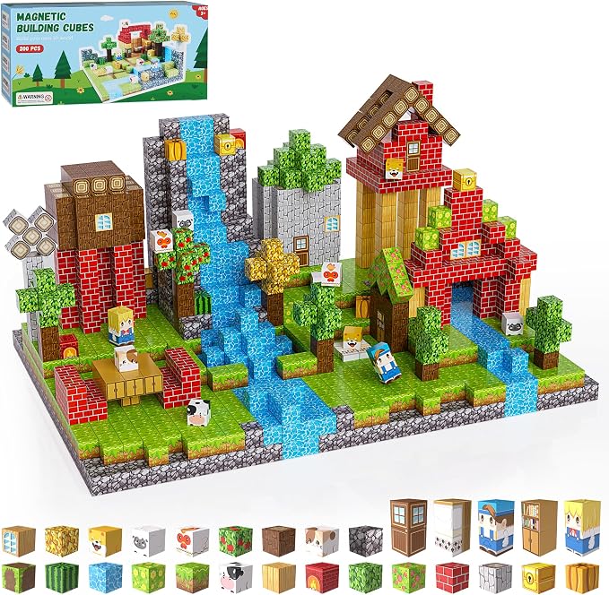 200PCS Magnetic Building Blocks Set, Magnetic Tiles Kids Build Cubes STEM Game Toys, Build Forest World Set, Christmas Birthday Gifts for Boys & Girls Age 3 4 5 6 7 8 9 10, 0.78 in Size by Fitrobust