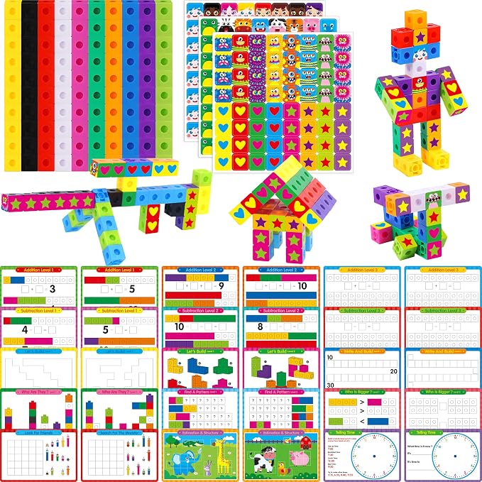 Math Linking Cubes, 100 Math Cube Manipulatives with 30 Learning Activities plus 192 Reusable Stickers, Number Counting Blocks Snap Linking Math Counters, Fun & Educational Pre-K Counting Blocks by SpriteGru