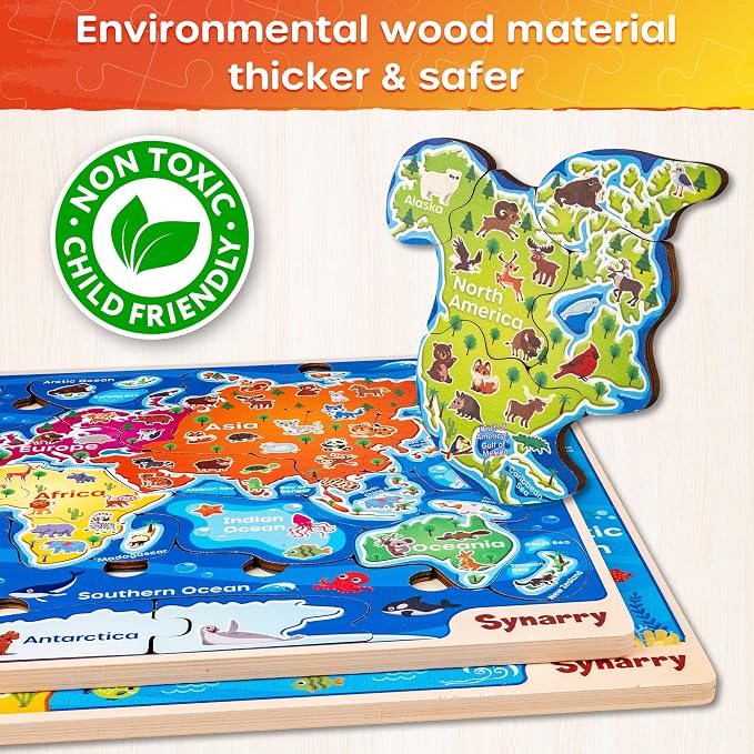 SYNARRY Large USA World Wooden Puzzles for Kids Ages 4-6, Learning United States World Maps Puzles for Kids Ages 6-8, Wood Jigsaw Puzzles Educational Games Toys Gifts for Boys Girls Ages 3-8 - Image 4