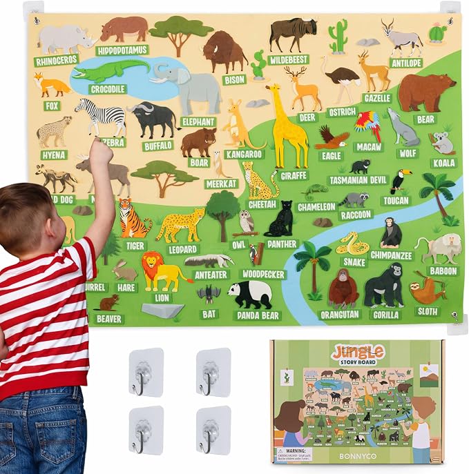 BONNYCO Felt Board for Toddlers with 116 Jungle Animals Figures. Montessori and Sensory Toys, Birthday Gifts for Kids 3-8 Years Old. Educational Games Learning Activities Christmas by BONNYCO