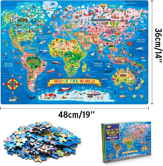 200 Pieces World Map Puzzle for Kids & Adults, World Map Jigsaw Puzzle Floor Puzzles Toddler Geography Educational Toys for Boys and Girls, Globe Atlas Puzzle Maps for Kids Learning Games - Image 3