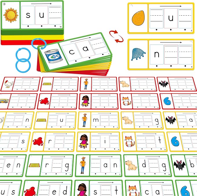 CVC Word Writing Cards, 100 Double-Sided Handwriting Cards 3-Level Short Vowel Spelling Flashcards CVC Sight Words Early Educational Tool for Kids 3 4 5 Years Old (3 Plastic Rings Included) by SpriteGru