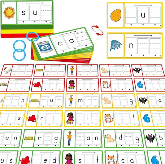 CVC Word Writing Cards, 100 Double-Sided Handwriting Cards 3-Level Short Vowel Spelling Flashcards CVC Sight Words Early Educational Tool for Kids 3 4 5 Years Old (3 Plastic Rings Included) by SpriteGru