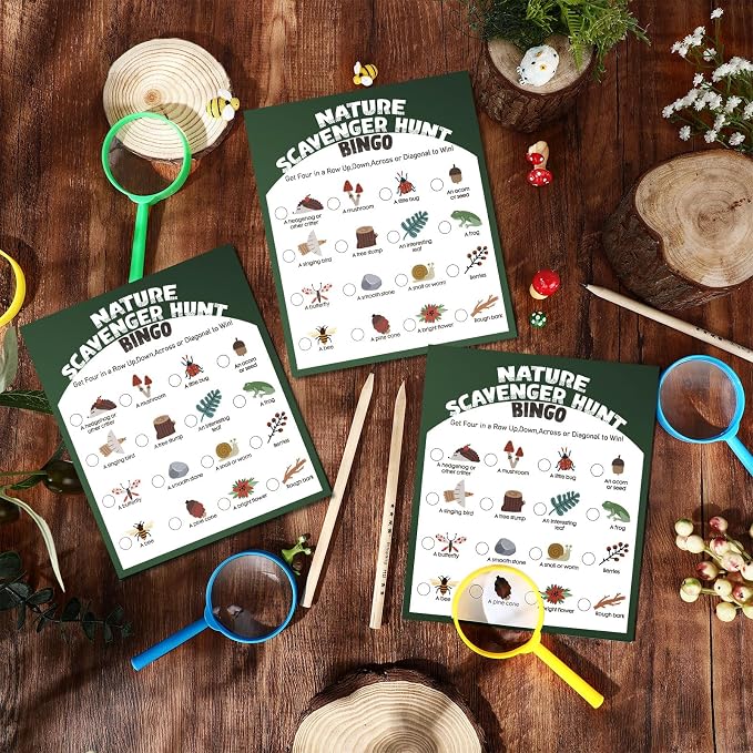 HyDren 45 Pcs 15 Set Nature Scavenger Hunt Game Kits, 15 Hunting Cards, 15 Magnifying Glass, 15 Pencils, 15 Organza Bags Family Camping Games Play for Nature Exploration Outdoor Activities Party Favor - Image 3
