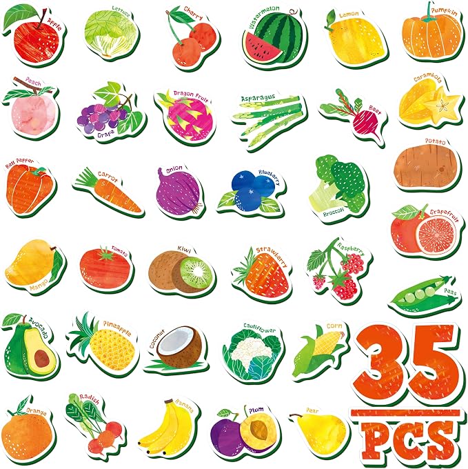 35 PCS Fruit & Vegetable Magnets, Adorable Magnetic Fruits Veggies Thick Foam Fridge Magnets Cute Educational Learning Toys for Toddles Kids by SpriteGru