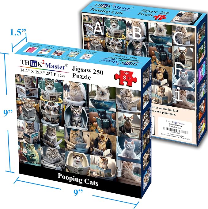 Think2Master Pooping Cats 250 Pieces Jigsaw Puzzle Featuring heartwarming Kittens and Cats. Perfect Bathroom Decoration, White Elephant Gag Gift. Fun Puzzle for Adults & Teens. Size: 14.2” X 19.3” - Image 6