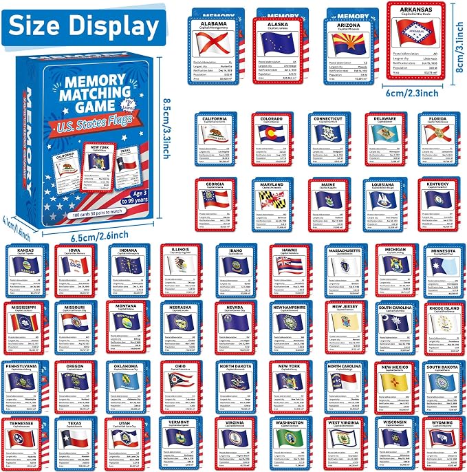 gisgfim 100 PCS Memory Matching Game Flags of U.S. States Concentration Memory Card Educational Cards Games Geography Learn States Capitals Game Gift for Kid Adults Learning Activities Matching Games - Image 2