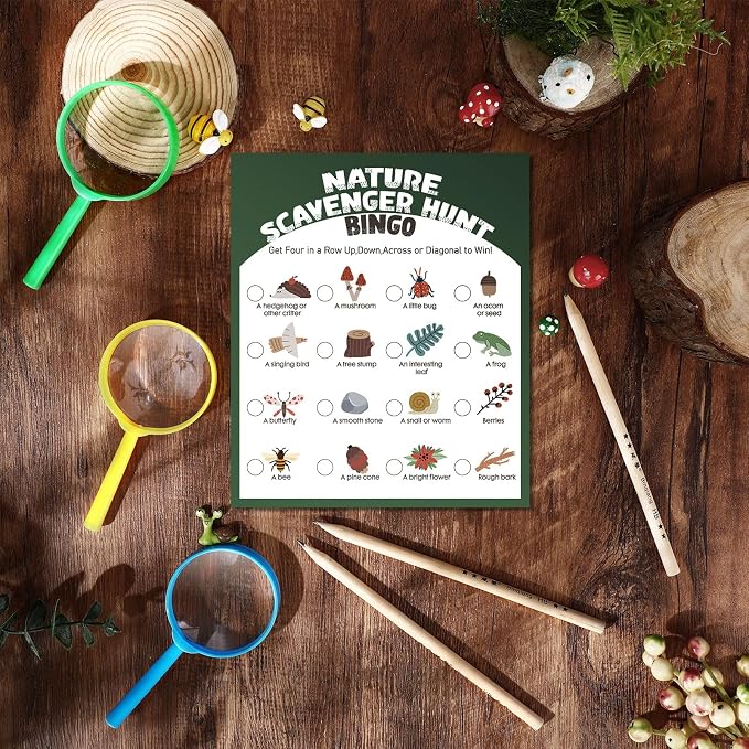 HyDren 45 Pcs 15 Set Nature Scavenger Hunt Game Kits, 15 Hunting Cards, 15 Magnifying Glass, 15 Pencils, 15 Organza Bags Family Camping Games Play for Nature Exploration Outdoor Activities Party Favor - Image 4