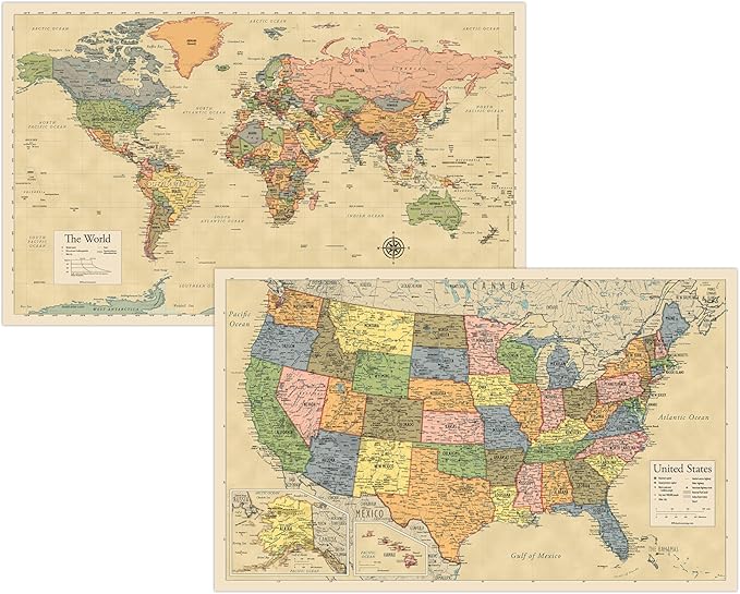 2 Pack - Laminated World Map & US Map Poster Set - Wall Chart Map of the World & United States - Made in the USA [Yellow] by Palace+Learning