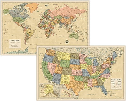 2 Pack - Laminated World Map & US Map Poster Set - Wall Chart Map of the World & United States - Made in the USA [Yellow] by Palace+Learning