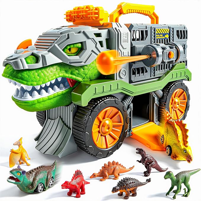 Jova Vroomix Dinosaur Toys for Kids 3-5, Dinosaur Carrier Truck with 2 Pcs Cars and 6 Pcs Figures for Toddlers, Birthday Gifts Toys for 3 4 5+ Year Old Boy, Christmas Great Gifts for Grandkids