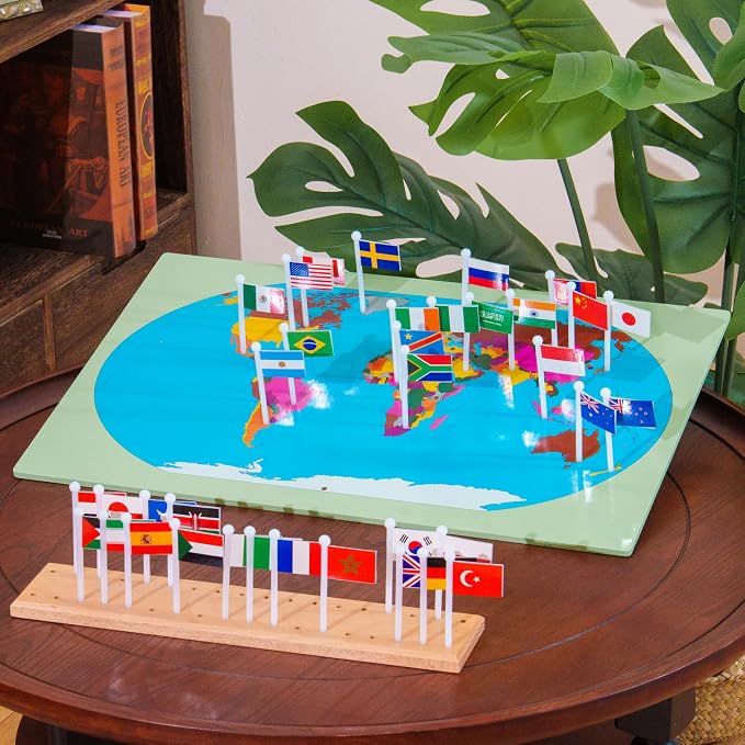 Premium Montessori World Flags Set with 22" Wooden Map- 36 Country Flags, Solid Beechwood, Educational Toy for Kids, Homeschool Classroom Geography Materials(Flags of The World) (Flags of the World) - Image 2