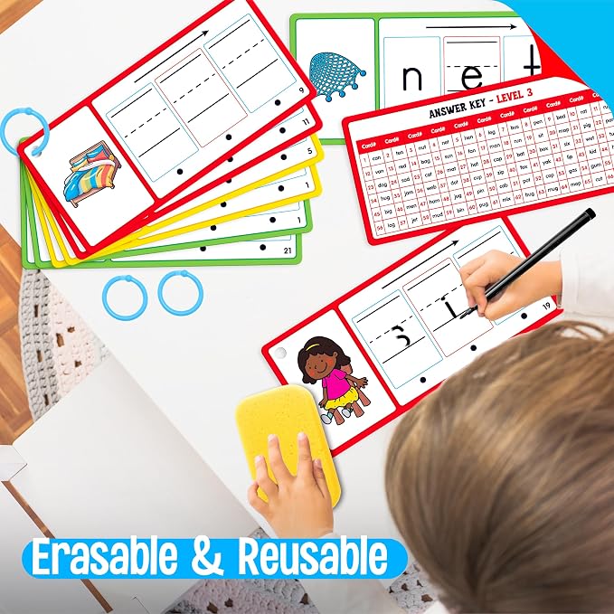CVC Word Writing Cards, 100 Double-Sided Handwriting Cards 3-Level Short Vowel Spelling Flashcards CVC Sight Words Early Educational Tool for Kids 3 4 5 Years Old (3 Plastic Rings Included) - Image 5