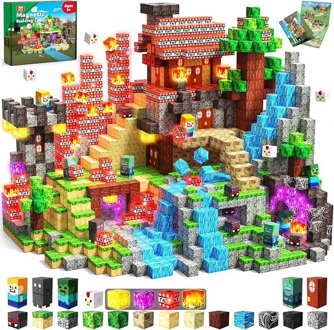 400PCS Magnetic Blocks with Light-Up Blocks - Magnetic Building Blocks Playset, Magnetic Stacking Cube Toys, STEM Sensory Montessori Learning Toys, Birthday Gifts for Kids Boys and Girls Age 3+ by BuildCreateExplore