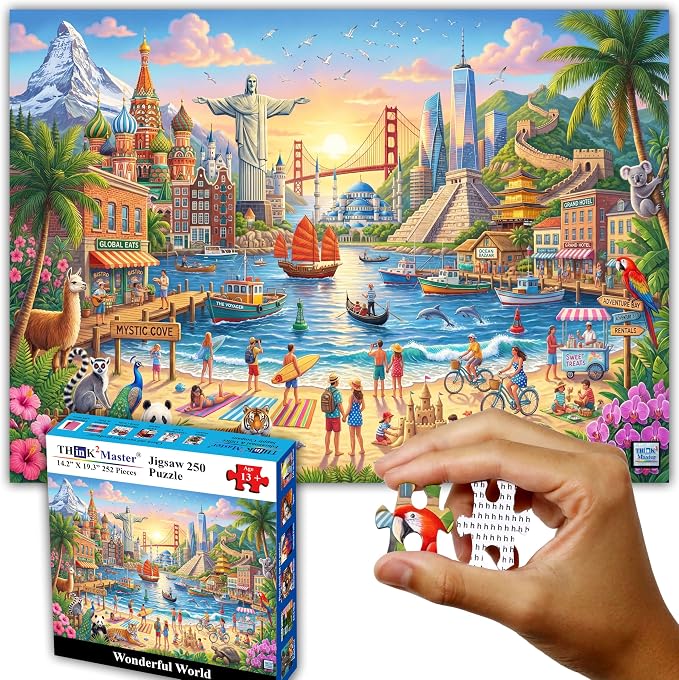 Think2Master Wonderful World 250 Pieces Large Format Jigsaw Puzzle: 13+, Adults & Families. Vibrant Travel-Themed Beautifully Illustrated Landscape Painting of Famous Landmarks Size: 19.3” X 14.2” - Image 7