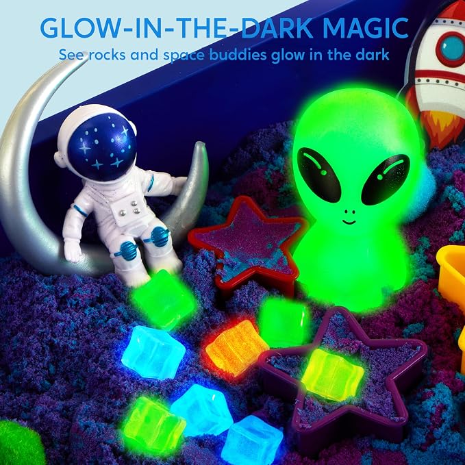 JOVA Klever Kits Outer Space Sensory Bin for Kids with Glow in The Dark Alien and Rocks, Sandbox with Lid Dual-Color Sand, Preschool Learning Activities Gifts for Boys Girls Age 3+ - Image 5