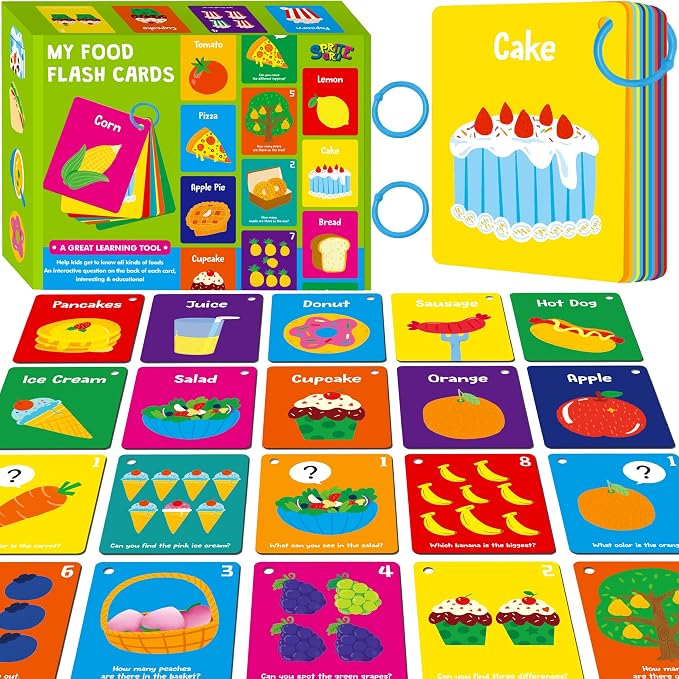 Food Flashcards, 50 Double-Sided Cards, Veggies, Fruits, Snacks, Desserts, Grain Cards Educational Learning Tools for Preschool and Toddlers Learning (2 Reclosable Rings Attached) by SpriteGru