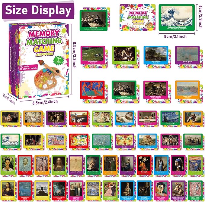 gisgfim 100 PCS Memory Matching Game Famous Paintings Concentration Memory Card for Adults Learning Educational Game A Fun & Fast Artworks Theme Matching Games - Image 2