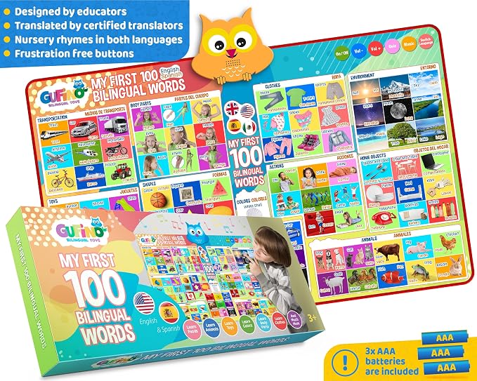 First 100 Words Bilingual Electronic Alphabet Poster – Interactive Learning Chart for Kids | 100 First Words in English & Spanish | Educational Talking Wall Poster - Image 7