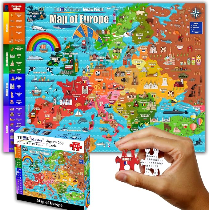 Think2Master Colorful Map of Europe 250 Pieces Jigsaw Puzzle. Great Puzzle for Adults & Seniors Easier to Handle Larger Pieces. Size: 14.2” X 19.3” by Think2Master