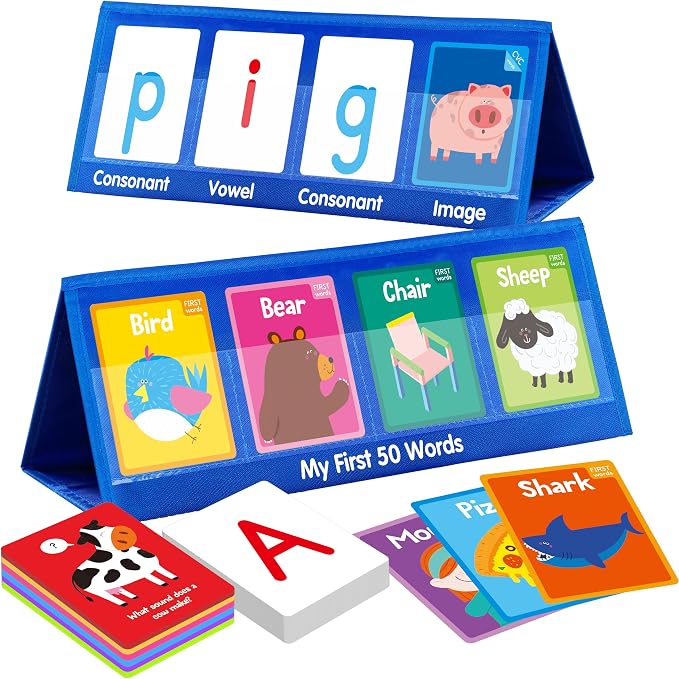 Word Building Desktop Pocket Chart, 48 CVC Words & 50 First Words, Double-Sided Tent Word Builder, Vocabulary Learning Flashcards Set for Kindergarten Reading and Spelling by SpriteGru