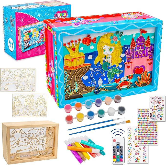FTBox Unicorn Mermaid DIY Night Light Painting Kit - Wood Arts and Crafts Kits for Girls Age 4-6-8-12, Kids Paint Craft Kits, Creative Painting Gifts for Girls