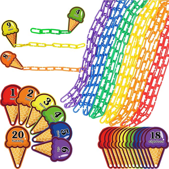 RAINBOW TOYFROG Chain Link Math Manipulatives - 240 C Clips Plastic Chain Links & 20 Ice Cream Cards for Counting & Linked Math Game - Learning Resources for Kindergarten Sensory by RAINBOWTOYFROG