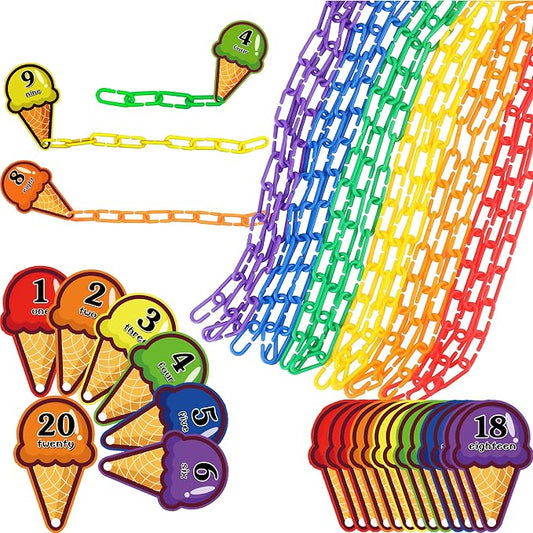 RAINBOW TOYFROG Chain Link Math Manipulatives - 240 C Clips Plastic Chain Links & 20 Ice Cream Cards for Counting & Linked Math Game - Learning Resources for Kindergarten Sensory by RAINBOWTOYFROG
