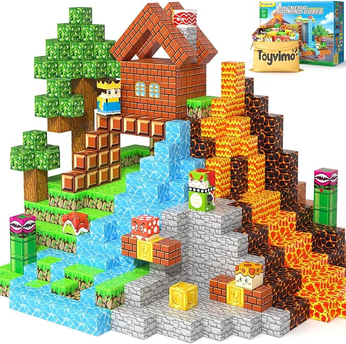 100PCS Magnetic Blocks Magnetic Building Blocks Sensory Toys for Kids Ages 3-5 6-8 8-12 Kids Game Toys for 3+ Year Old Boys & Girls, Mine Magnet World Craft 3 4 5 6 7 8 9 Year Old Boy Birthday Gift by Toyvimo