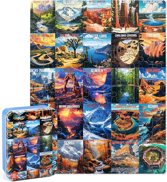 LELEMON Nation Park Jigsaw Puzzles in a Metal Box 100 Pieces World Park Jigsaw Puzzle for Adults Kids Ages 4-8 Children Learning Educational Puzzles Toys by LELEMON