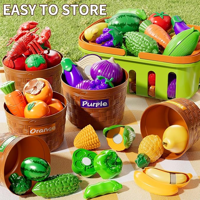 NIPLOOOW Play Food Set for Kids, Toddler Learning Toys, Cutting Food Toy Color Sorting Set, Pretend Food Play Kitchen Accessories for Kids, Birthday Gifts for 3-8 Years old Boys Girls Educational Toys - Image 2