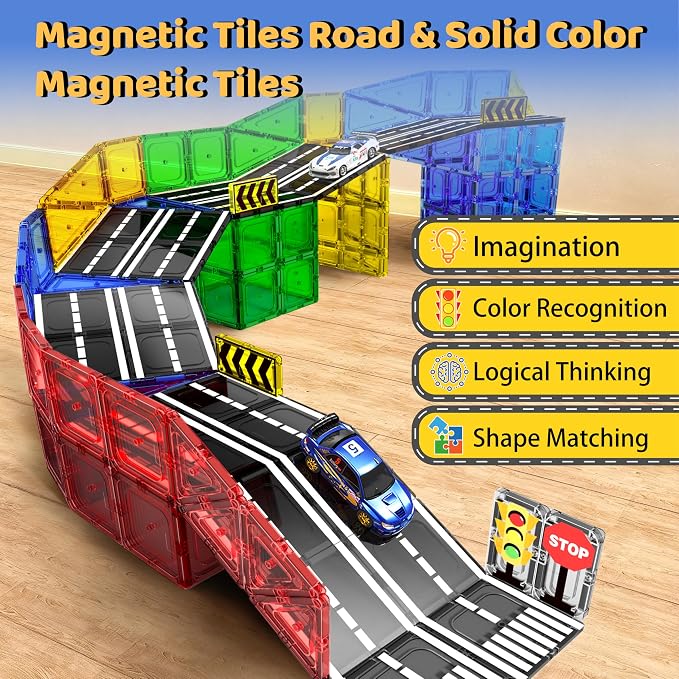 Magnetic Tiles - Road Set, Magnetic Building Blocks, Preschool Montessori Toys Gift for 3+ Year Old Boys and Girls, Sensory Christmas Toys for Kids Aged 3-5 and 4-8, Ideas for Kid with Autism - Image 2