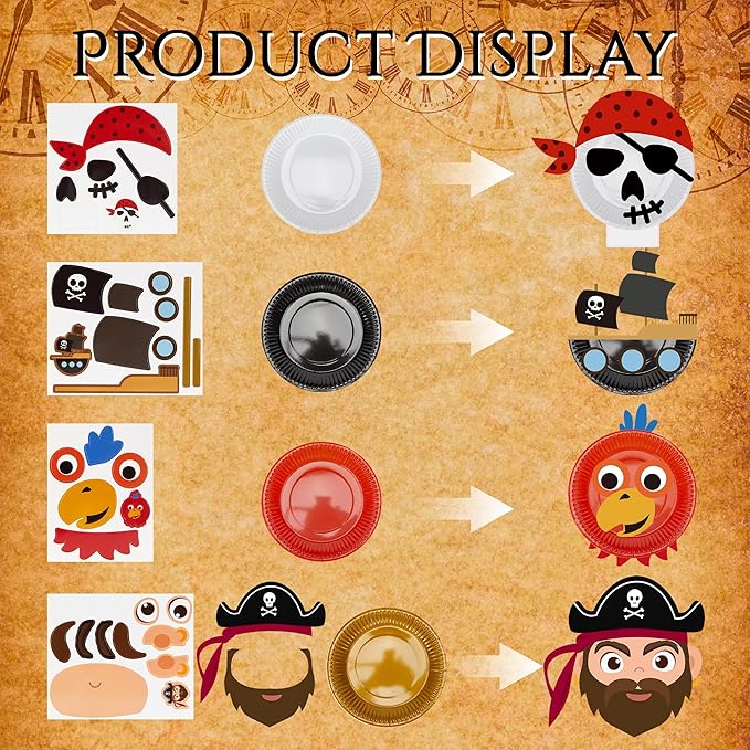 24 Pack Arts and Crafts Kits for Kids, DIY Creative Pirate Paper Plate Craft Kit, Make Your Own Pirate Plate Crafts Sets, Fun Preschool Classroom Birthday Party Art Activities for Boy & Girl