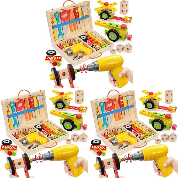 Kids Tool Set Toy with Drill, Stem Montessori Toys for 3 4 5 Years Old Boy Girl, 44 Pcs Wooden Toddler Tool Kits Inc Box, Learning Educational Construction Toy (Pack of 3) by LACCHOUFEE