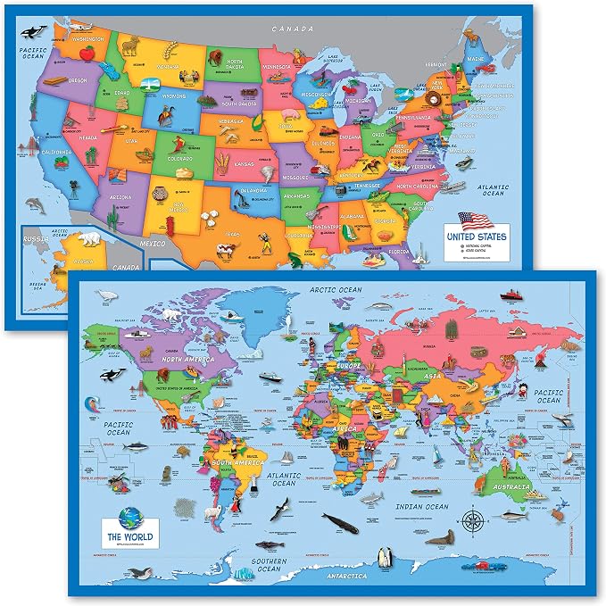 2 Pack - World & USA Map for Kids [Illustrated] - 2 Poster Set (LAMINATED, 18" x 29") by Palace+Learning