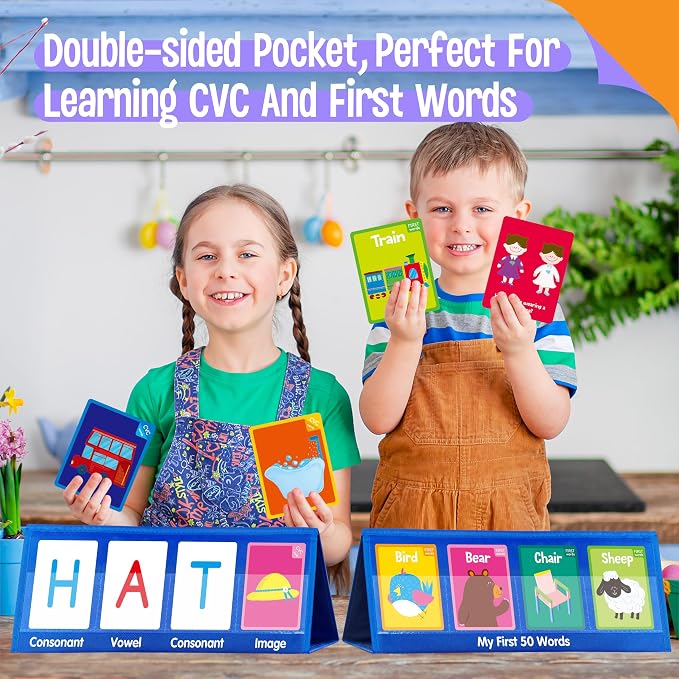 Word Building Desktop Pocket Chart, 48 CVC Words & 50 First Words, Double-Sided Tent Word Builder, Vocabulary Learning Flashcards Set for Kindergarten Reading and Spelling - Image 6