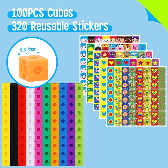 100 Math Linking Cubes, Math Cubes with 320 Reusable Stickers Manipulative Geometric Shapes Connecting and Counting Snap Blocks for Early Math & Construction, Educational Toy for Preschool, Homeschool - Image 4