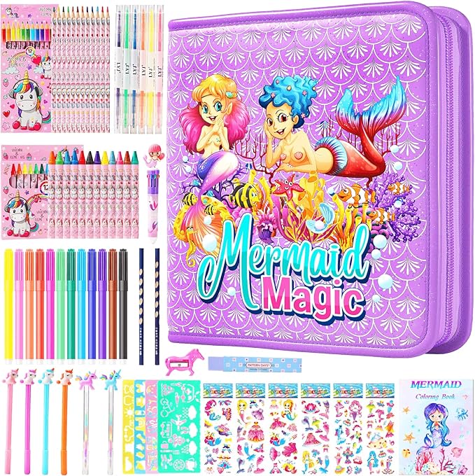DOKKIA Fruit Scented Kids Coloring Pens Markers Set 65 PCS Art Craft Drawing Case Washable Kits Pencil Crayon&Coloring Book Supplies,Birthday Gifts for Girls 4-5-6-7-8-12 Year Old Mermaid Tail Purple