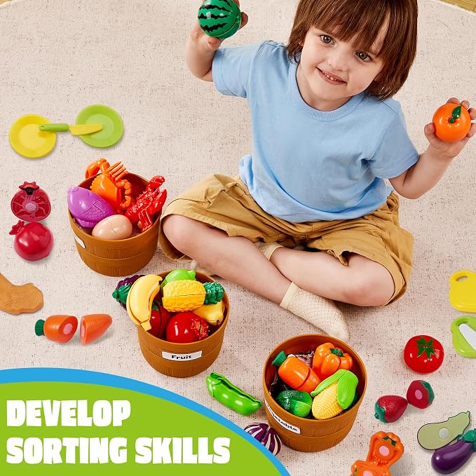 JOYIN Learning Toys Play Food Set for Kids, Cutting Food for Preschool Activities, Play Kitchen Accessories, Educational Toys, Color Sorting Set for Boys & Girls, Back to School Gifts for Kids - Image 8