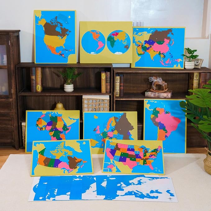 Premium Montessori Wooden Map Puzzle Set 23”, 8 Large Geography Puzzles: World, USA, Canada, Europe, Asia, Africa, North & South America with Control Cards, Kids Gift, Homeschool Learning Materials - Image 3