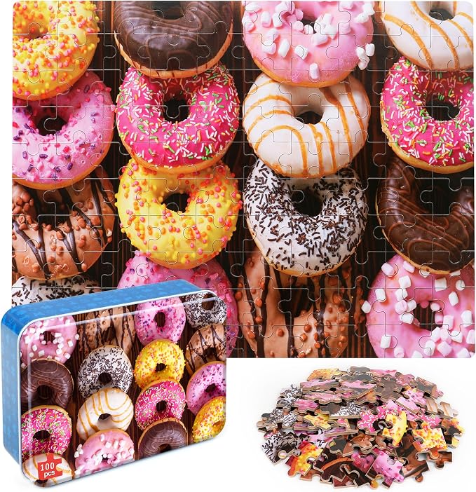LELEMON 100 Pieces Donut Jigsaw Puzzle for Kids Ages 4-8 Sweet Colorful Donut Jigsaw Puzzles in a Metal Box Children Boys Girls Learning Educational Puzzles Toys by LELEMON