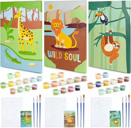 BONNYCO Paint by Numbers Kit for Kids Animals Pack 3 Canvas. Paint by Number, Canvas Framed Pre Drawn. Jungle Gifts for Boys, Arts and Kids Crafts 4-6 8-12. Pintar por Numeros Niños, Animal Crafts