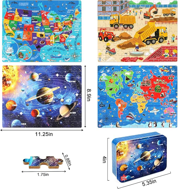 LELEMON 100 Pieces Puzzles for Kids Ages 4-8, 4 Set Kids Puzzle Ages 6-8,United States World Solar System Construction Site Children Learning Educational Puzzless Toys for Boys and Girls - Image 2