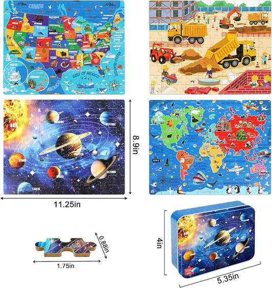 LELEMON 100 Pieces Puzzles for Kids Ages 4-8, 4 Set Kids Puzzle Ages 6-8,United States World Solar System Construction Site Children Learning Educational Puzzless Toys for Boys and Girls - Image 2